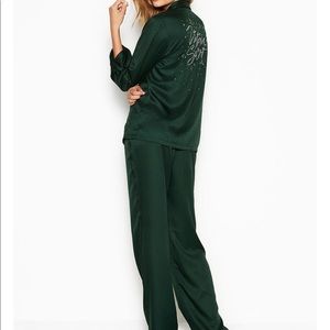 L VICTORIA'S SECRET Satin Leopard dark teal green Rhinestone bling Button PJ Set